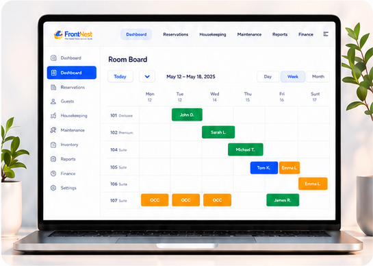FrontNest hotel workspace shown on a laptop